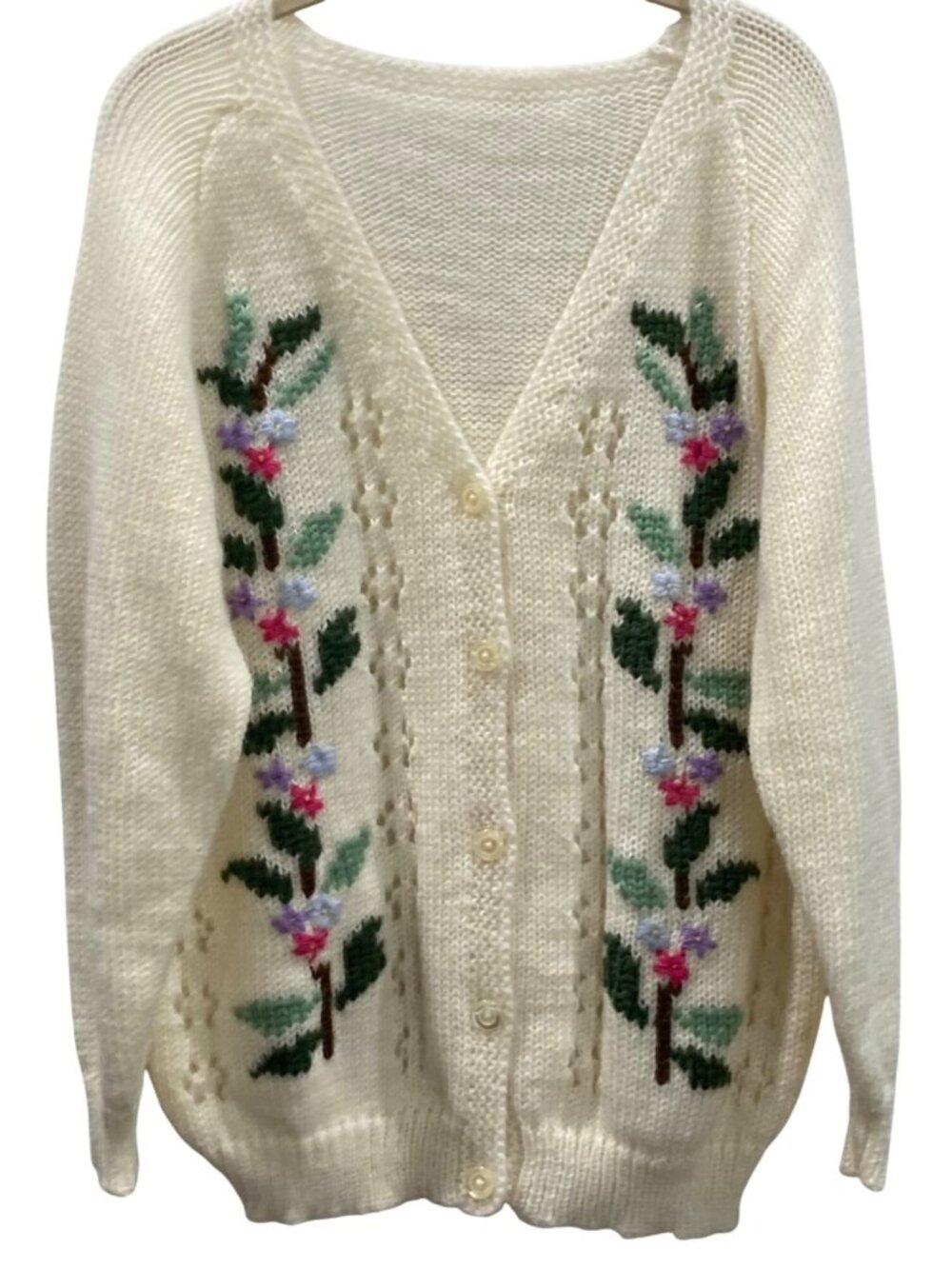 Womens Handmade Cottagecore Prairie Cardigan Sweater L Ivory Embroidered Granny